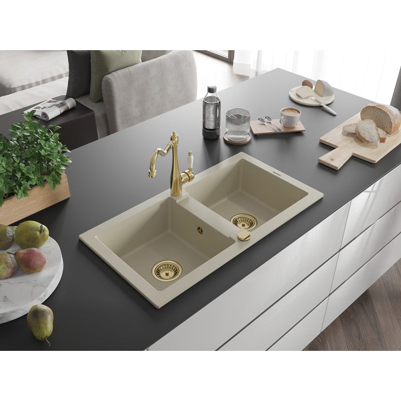 Mexen Mario fregadero de granito de 2 senos con grifo de cocina Carla, beige - 6504-69-670700-50