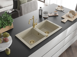 Mexen Mario évier en granit 2 bacs avec robinet de cuisine Carla, beige - 6504-69-670700-50