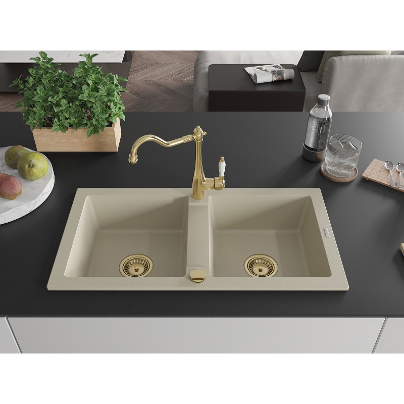 Mexen Mario fregadero de granito de 2 compartimentos con grifo de cocina Carla, beige - 6504-69-670700-50