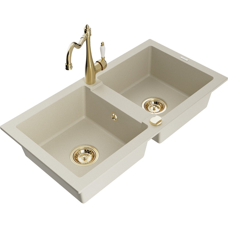 Mexen Mario fregadero de granito de 2 compartimentos con grifo de cocina Carla, beige - 6504-69-670700-50