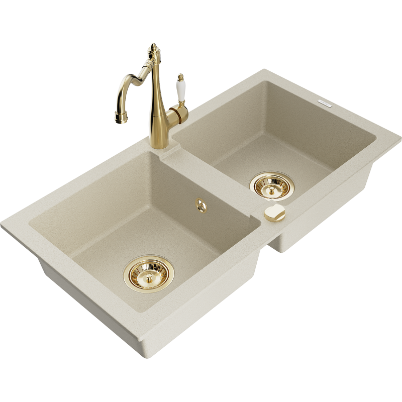 Mexen Mario Granitspüle 2-Kammer mit Küchenarmatur Carla, beige - 6504-69-670700-50