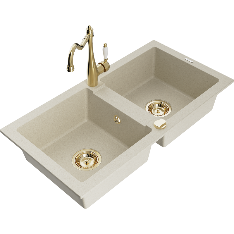 Mexen Mario lava-loiça de granito de 2 cubas com torneira de cozinha Carla, bege - 6504-69-670700-50