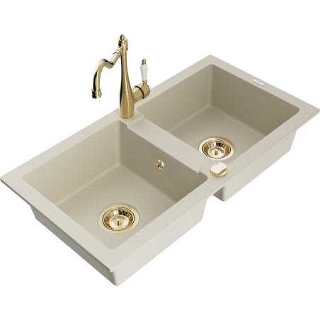 Mexen Mario évier en granit 2 bacs avec robinet de cuisine Carla, beige - 6504-69-670700-50