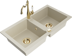 Mexen Mario granite sink 2-chamber with Carla kitchen tap, beige - 6504-69-670700-50