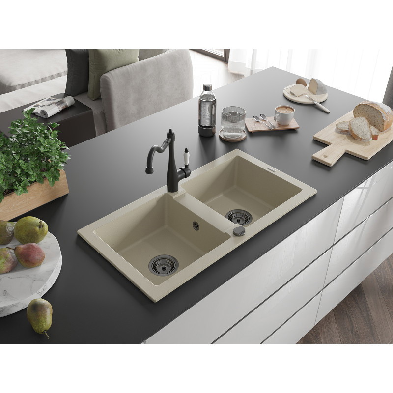 Mexen Mario évier en granit 2 bacs avec robinet de cuisine Carla, beige - 6504-69-670700-70