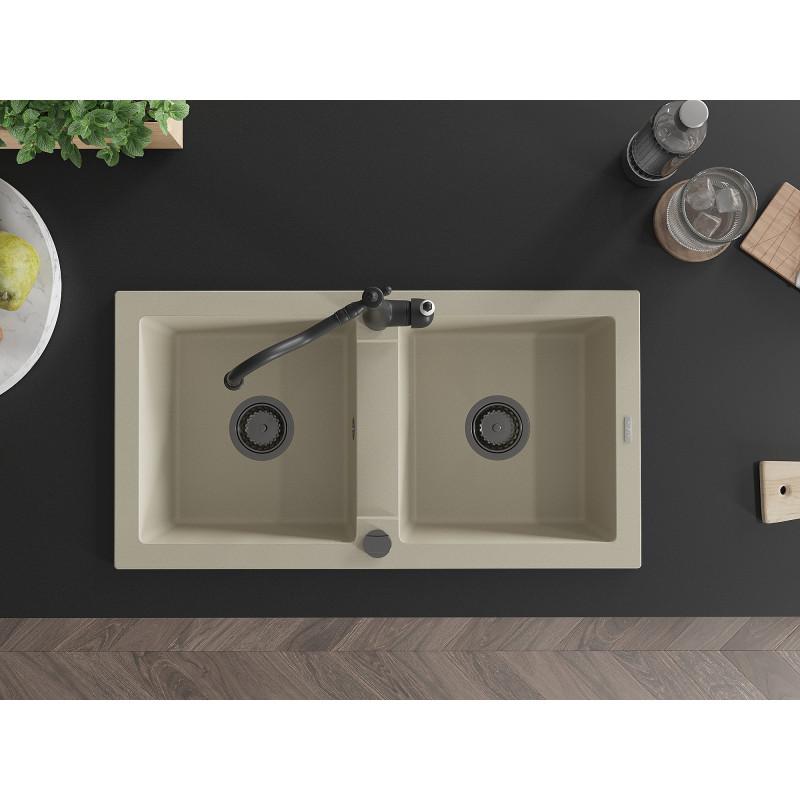 Mexen Mario Granitspüle 2-Becken mit Küchenarmatur Carla, beige - 6504-69-670700-70