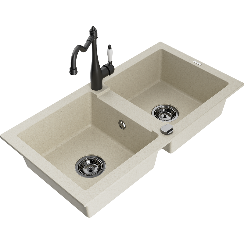 Mexen Mario lavello da cucina in granito a 2 vasche con miscelatore Carla, beige - 6504-69-670700-70