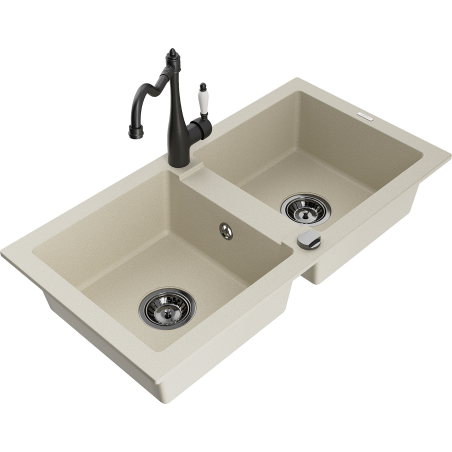 Mexen Mario fregadero de granito de 2 senos con grifo de cocina Carla, beige - 6504-69-670700-70