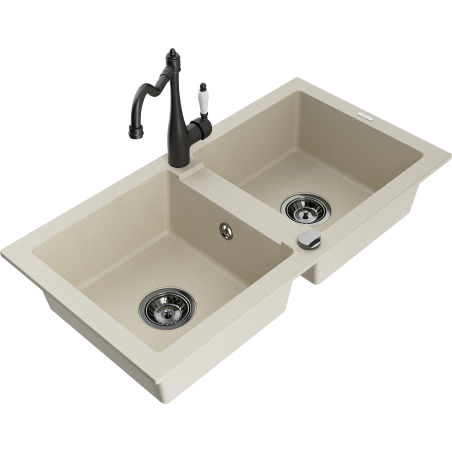 Mexen Mario Granitspüle 2-Kammer mit Küchenarmatur Carla, beige - 6504-69-670700-70