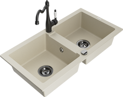 Mexen Mario Granitspüle 2-Kammer mit Küchenarmatur Carla, beige - 6504-69-670700-70