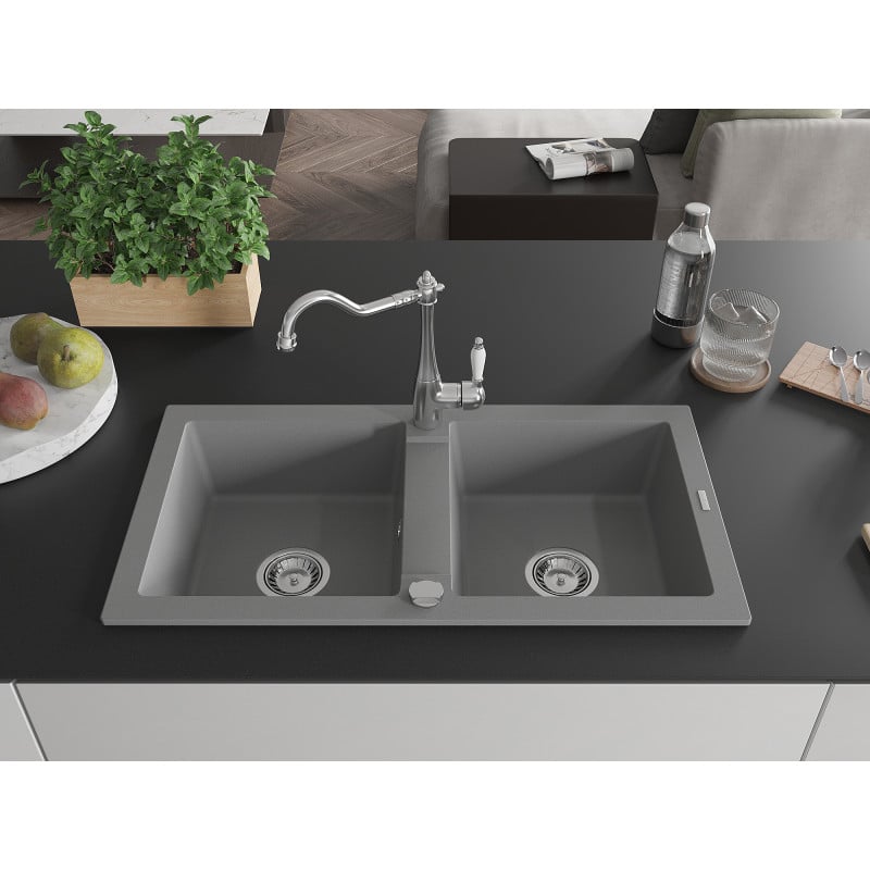 Mexen Mario granite sink 2-bowl with Carla kitchen tap, grey - 6504-71-670700-00