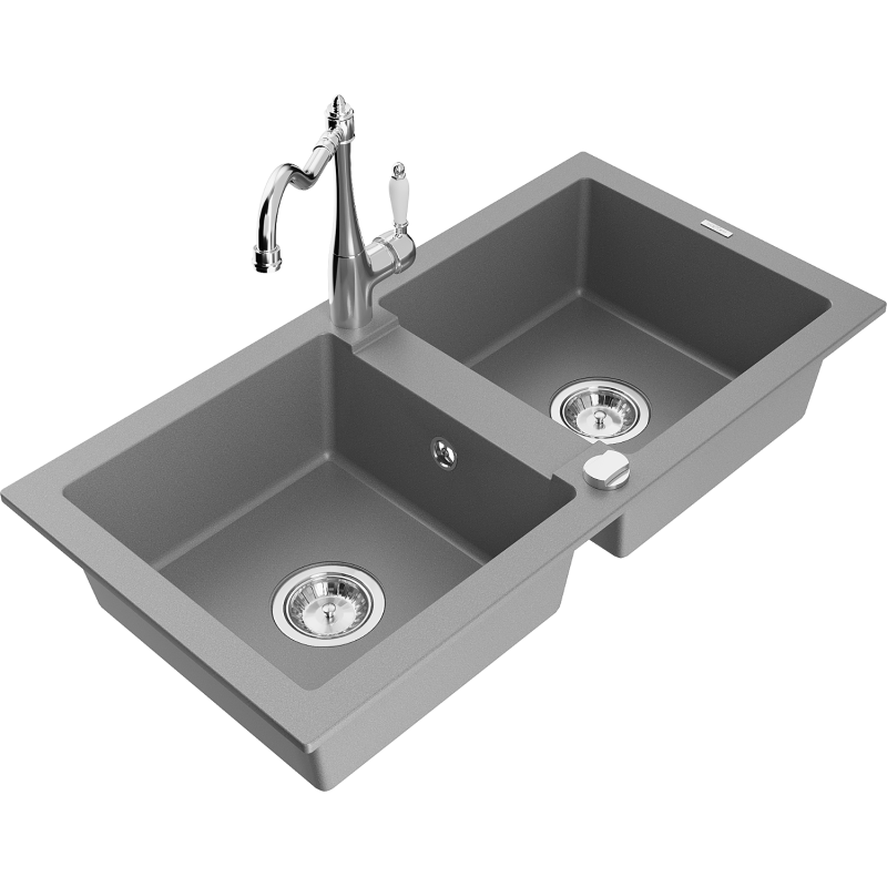 Mexen Mario fregadero de granito de 2 compartimentos con grifo de cocina Carla, gris - 6504-71-670700-00