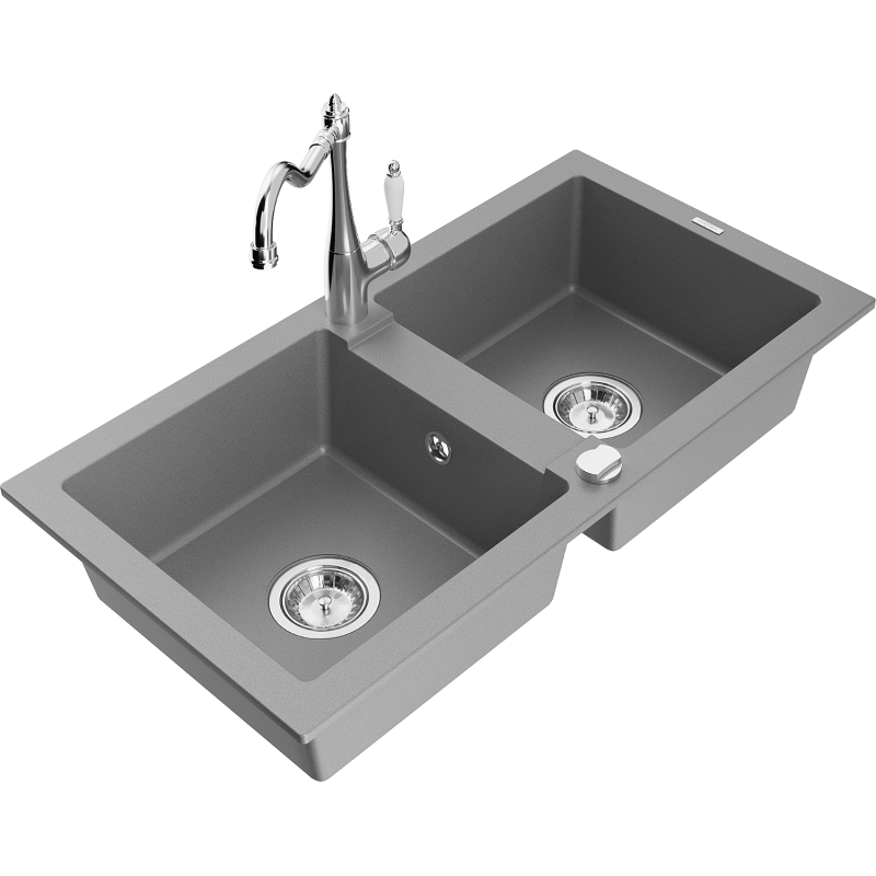Mexen Mario granite sink 2-bowl with Carla kitchen tap, grey - 6504-71-670700-00