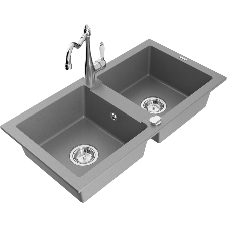 Mexen Mario granite sink 2-bowl with Carla kitchen tap, grey - 6504-71-670700-00