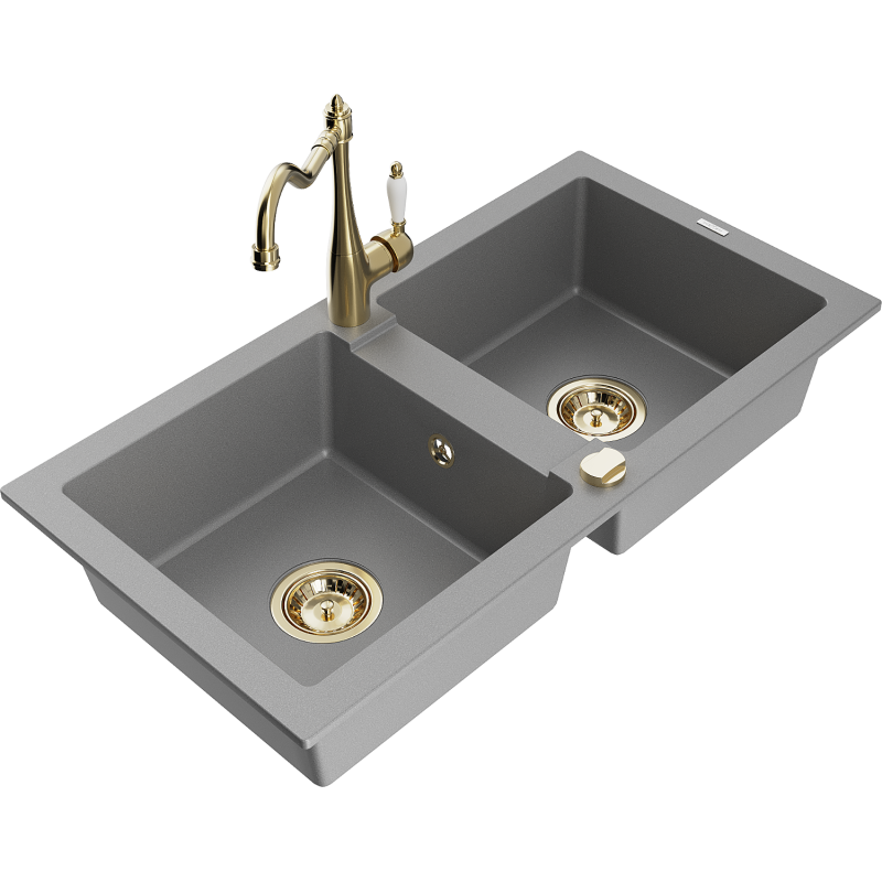 Mexen Mario fregadero de granito de 2 senos con grifo de cocina Carla, gris - 6504-71-670700-50
