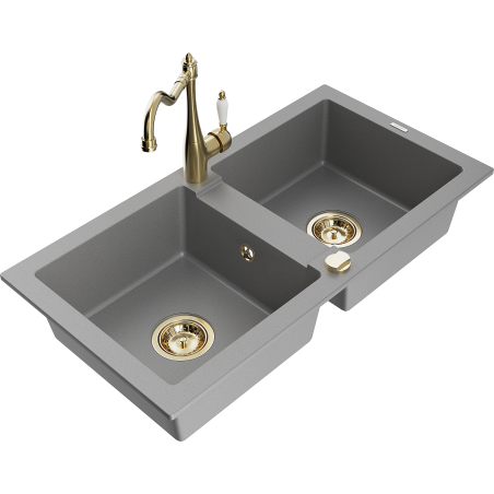 Mexen Mario fregadero de granito de 2 senos con grifo de cocina Carla, gris - 6504-71-670700-50
