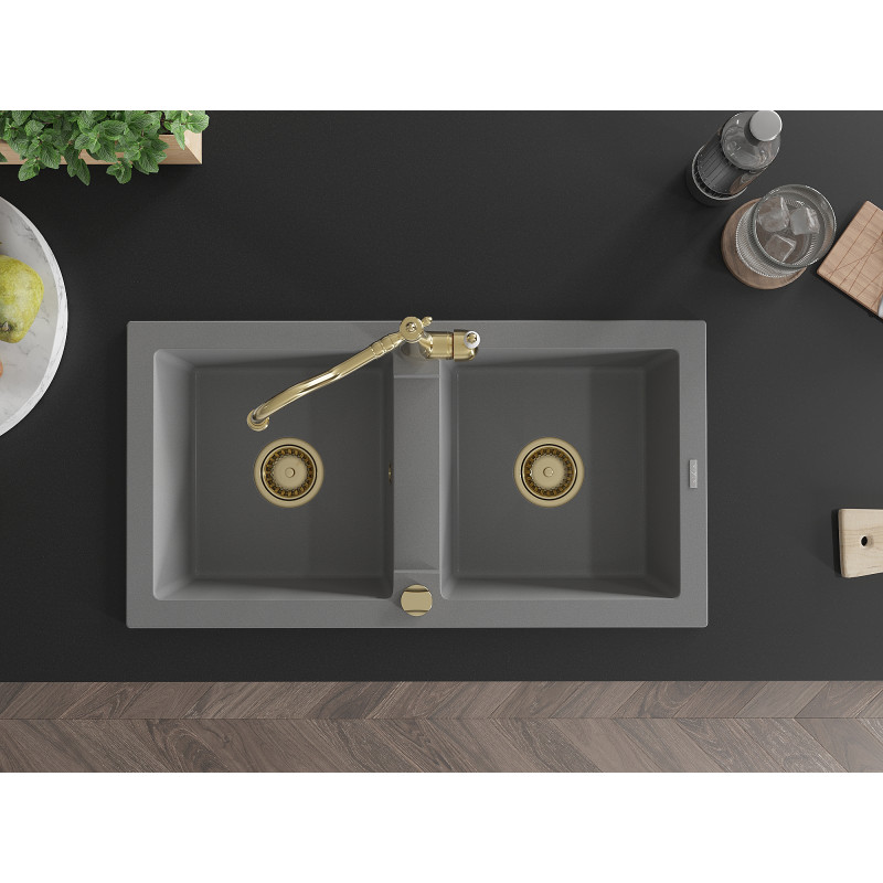 Mexen Mario fregadero de granito de 2 compartimentos con grifo de cocina Carla, gris - 6504-71-670700-50