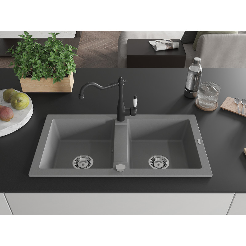 Mexen Mario fregadero de granito de 2 compartimentos con grifo de cocina Carla, gris - 6504-71-670700-70