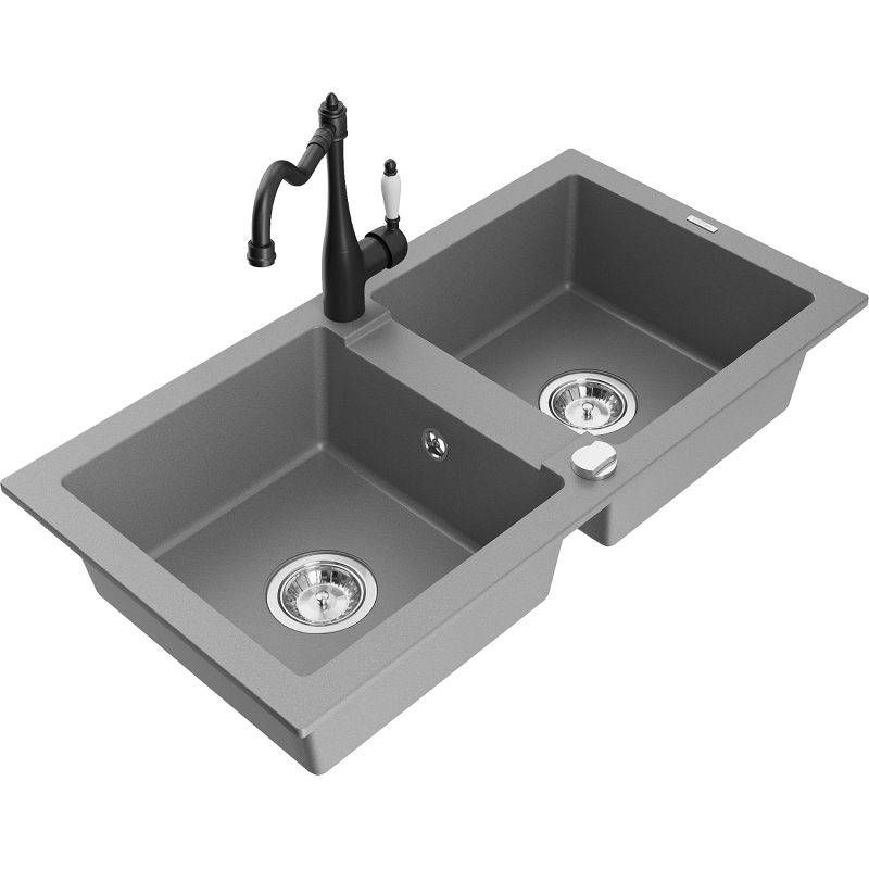 Mexen Mario fregadero de granito de 2 senos con grifo de cocina Carla, gris - 6504-71-670700-70