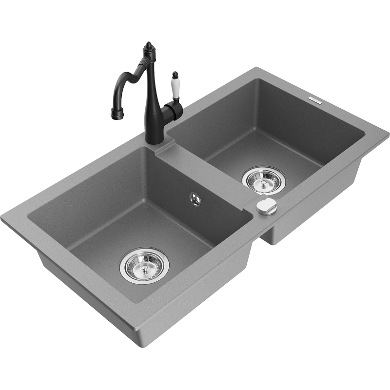Mexen Mario granite sink 2-bowl with Carla kitchen tap, grey - 6504-71-670700-70