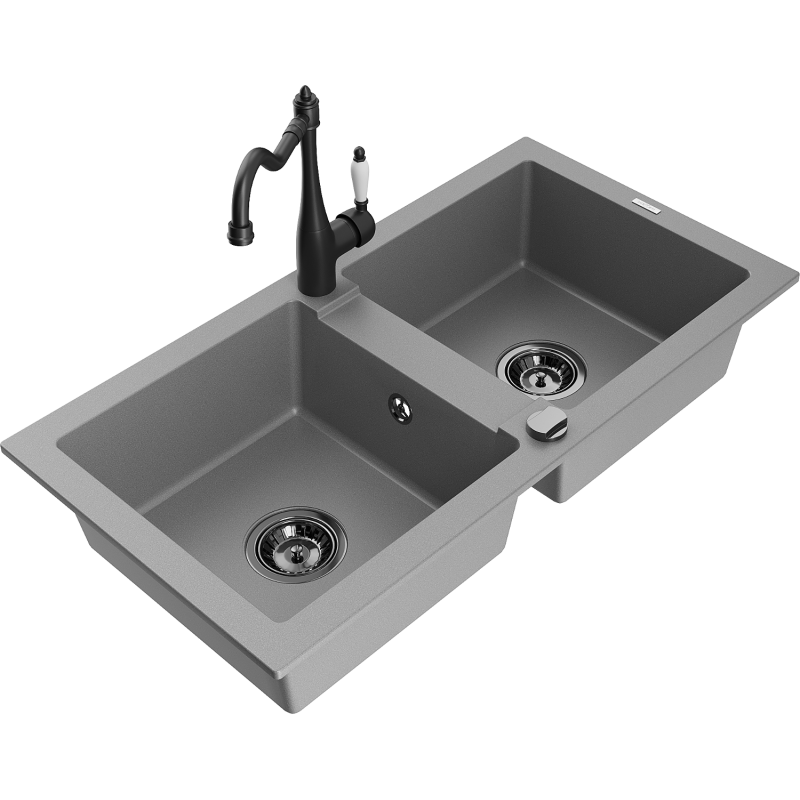 Mexen Mario lava-loiça em granito de 2 bacias com torneira de cozinha Carla, cinza - 6504-71-670700-70-B