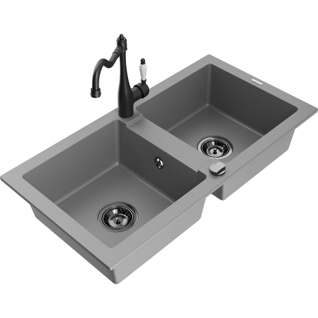 Mexen Mario 2-bowl granite sink with Carla kitchen tap, grey - 6504-71-670700-70-B