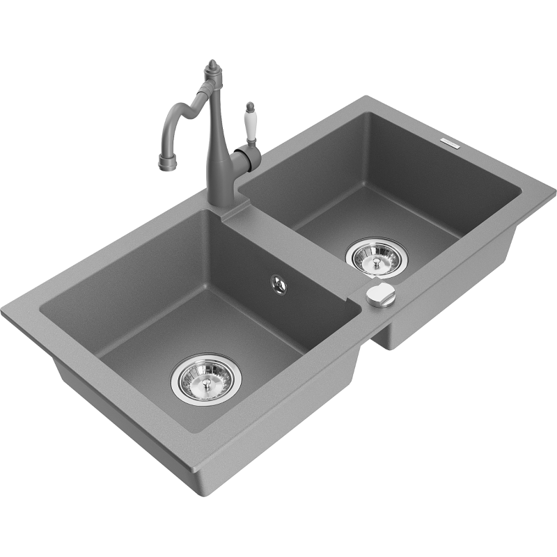 Mexen Mario fregadero de granito de 2 cubetas con grifo de cocina Carla, gris - 6504-71-670700-71
