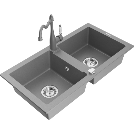Mexen Mario fregadero de granito de 2 cubetas con grifo de cocina Carla, gris - 6504-71-670700-71