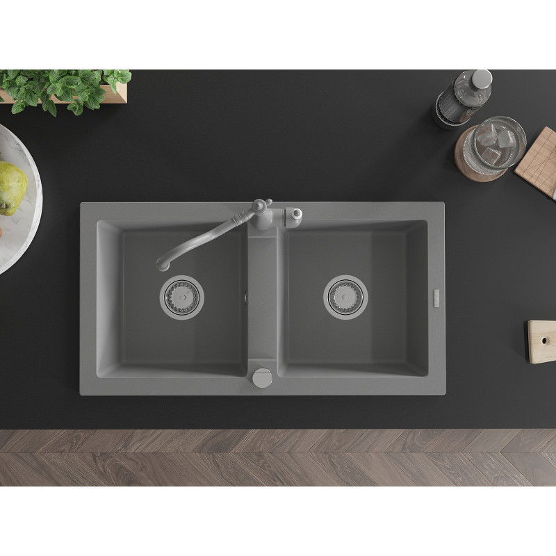 Mexen Mario 2-bowl granite sink with Carla kitchen tap, grey - 6504-71-670700-71