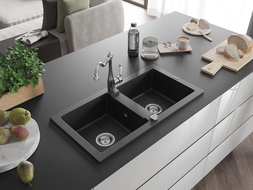 Mexen Mario Granit-Spüle 2-Kammer mit Küchenarmatur Carla, schwarz/silber metallic - 6504-73-670700-00
