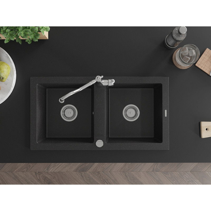 Mexen Mario Granit-Spüle 2-Kammer mit Küchenarmatur Carla, schwarz/silber metallic - 6504-73-670700-00