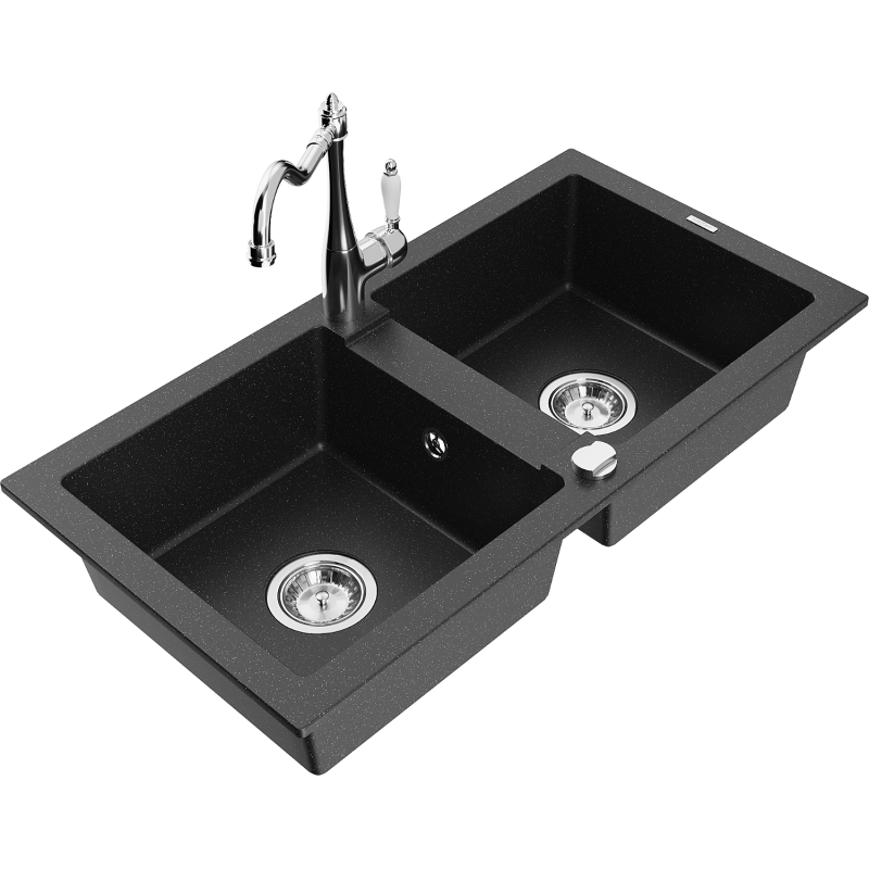 Mexen Mario lava-louça granito 2-cubas com torneira de cozinha Carla, preto/prateado metálico - 6504-73-670700-00
