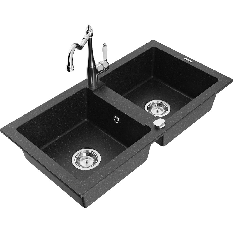 Mexen Mario lavello da cucina in granito a 2 vasche con rubinetto da cucina Carla, nero/argento metallizzato - 6504-73-670700-00