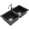 Mexen Mario Granitspüle 2-Kammer mit Küchenarmatur Carla, schwarz/silber metallic - 6504-73-670700-00