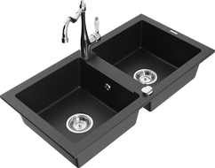 Mexen Mario granite sink 2-bowl with Carla kitchen tap, black/silver metallic - 6504-73-670700-00