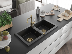 Mexen Mario Granitspüle 2-beckig mit Küchenarmatur Carla, schwarz/silber Metallic - 6504-73-670700-50