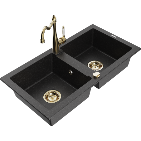 Mexen Mario granieten gootsteen 2-kamer met keukenkraan Carla, zwart/zilver metallic - 6504-73-670700-50