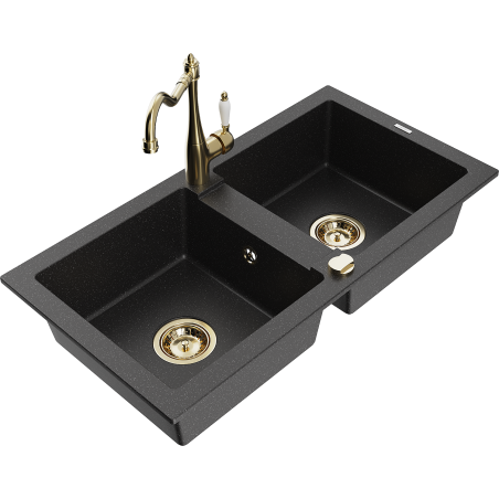 Mexen Mario granite sink 2-bowl with Carla kitchen tap, black/silver metallic - 6504-73-670700-50