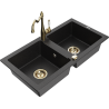 Mexen Mario granite sink 2-bowl with Carla kitchen tap, black/silver metallic - 6504-73-670700-50