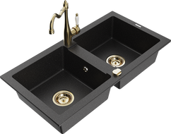 Mexen Mario Granitspüle 2-beckig mit Küchenarmatur Carla, schwarz/silber Metallic - 6504-73-670700-50