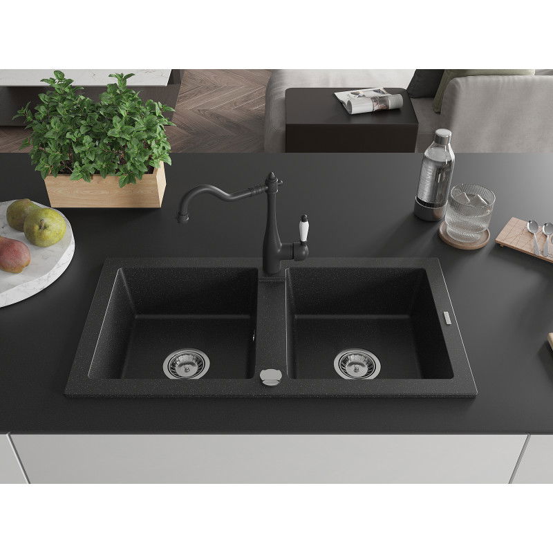 Mexen Mario granite sink 2-chamber with Carla kitchen tap, black/silver metallic - 6504-73-670700-70