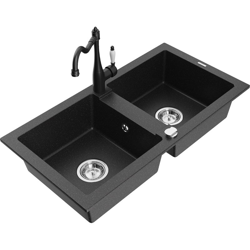Mexen Mario granit gootsteen 2-kompartimenten met keukenkraan Carla, zwart/zilver metallic - 6504-73-670700-70