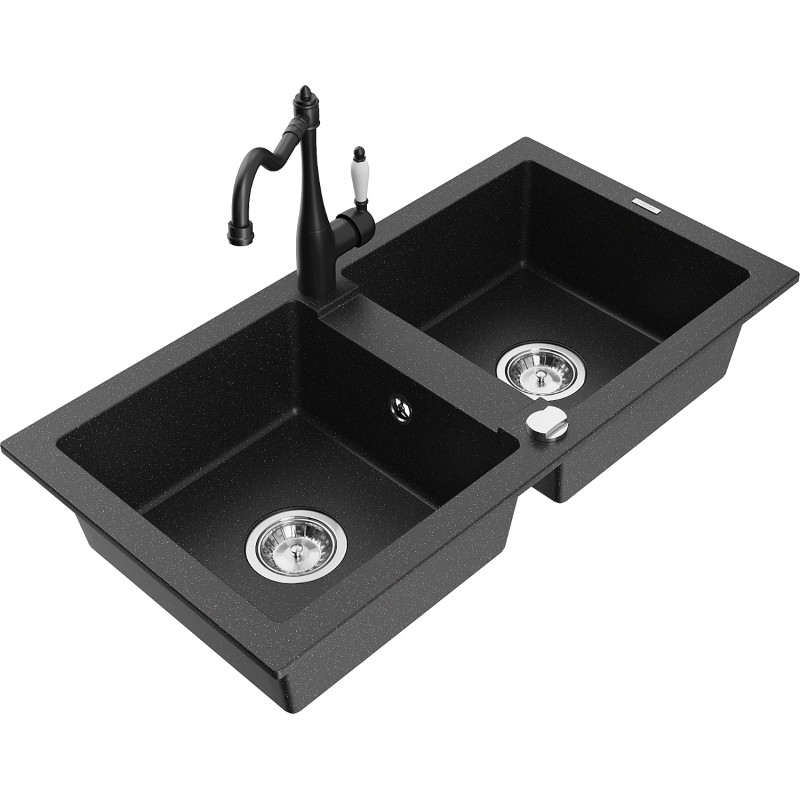 Mexen Mario granitstenen dubbele wastafel met keukenkraan Carla, zwart/zilver metallic - 6504-73-670700-70