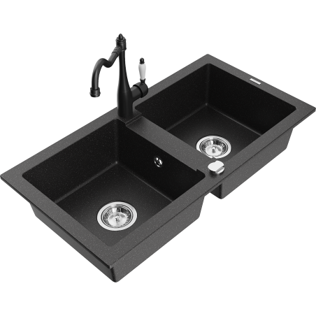 Mexen Mario granit gootsteen 2-kompartimenten met keukenkraan Carla, zwart/zilver metallic - 6504-73-670700-70