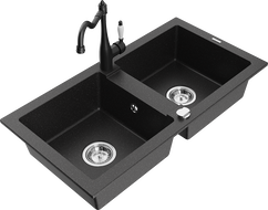 Mexen Mario granite kitchen sink 2-bowl with Carla kitchen faucet, black/silver metallic - 6504-73-670700-70