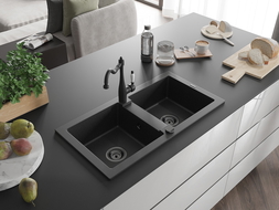 Mexen Mario Granitspüle 2-Kammern mit Küchenarmatur Carla, schwarz/silber Metallic - 6504-73-670700-70-B