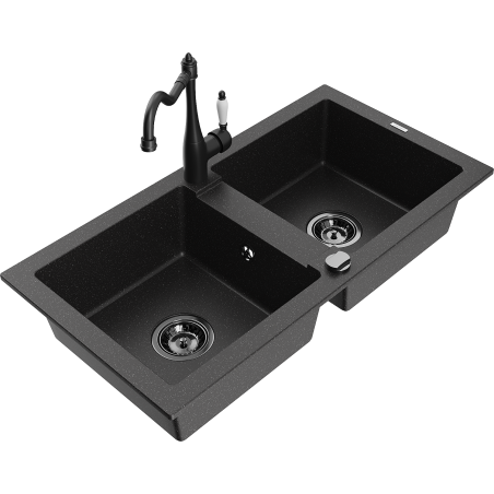 Mexen Mario granite kitchen sink with 2 bowls and Carla kitchen tap, black/silver metallic - 6504-73-670700-70-B