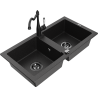 Mexen Mario granite kitchen sink with 2 bowls and Carla kitchen tap, black/silver metallic - 6504-73-670700-70-B