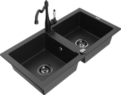 Mexen Mario granite kitchen sink with 2 bowls and Carla kitchen tap, black/silver metallic - 6504-73-670700-70-B