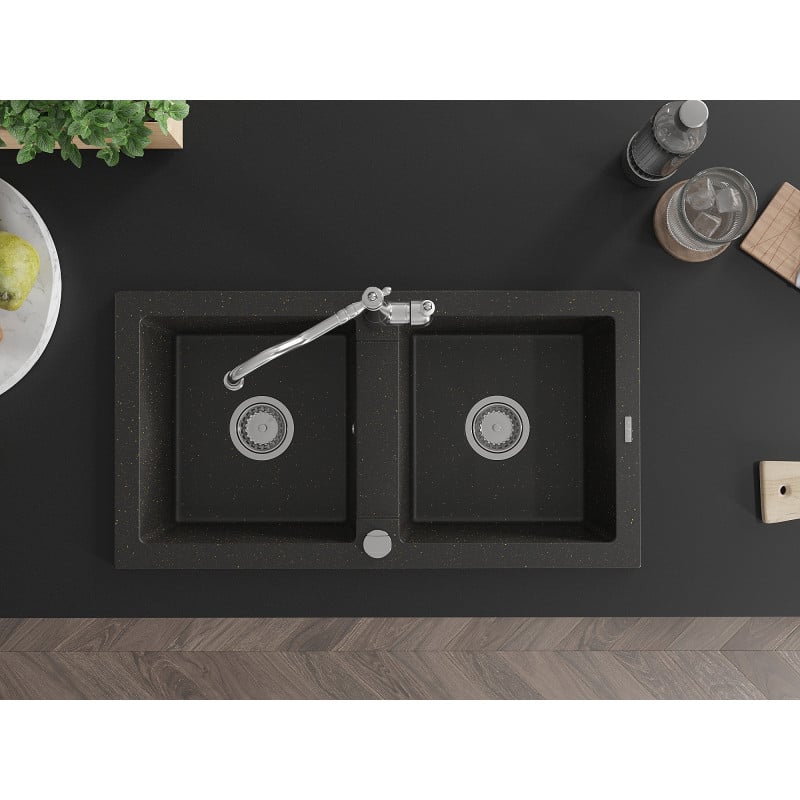 Mexen Mario fregadero de granito de 2 senos con grifo de cocina Carla, negro/dorado metálico - 6504-75-670700-00
